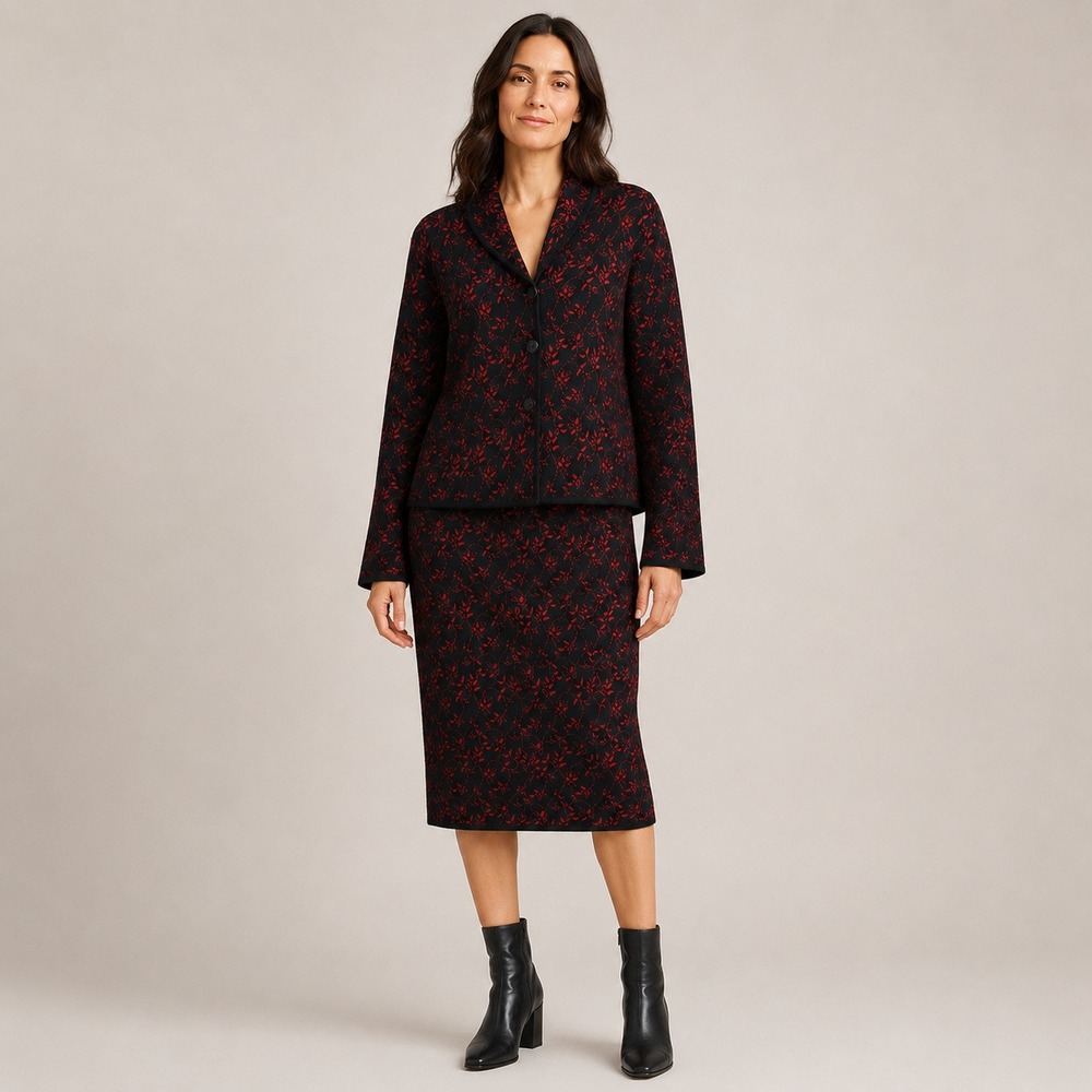 Peruvian Connection XL Red Black Floral Jacquard Knit Skirt Suit Set Cardigan